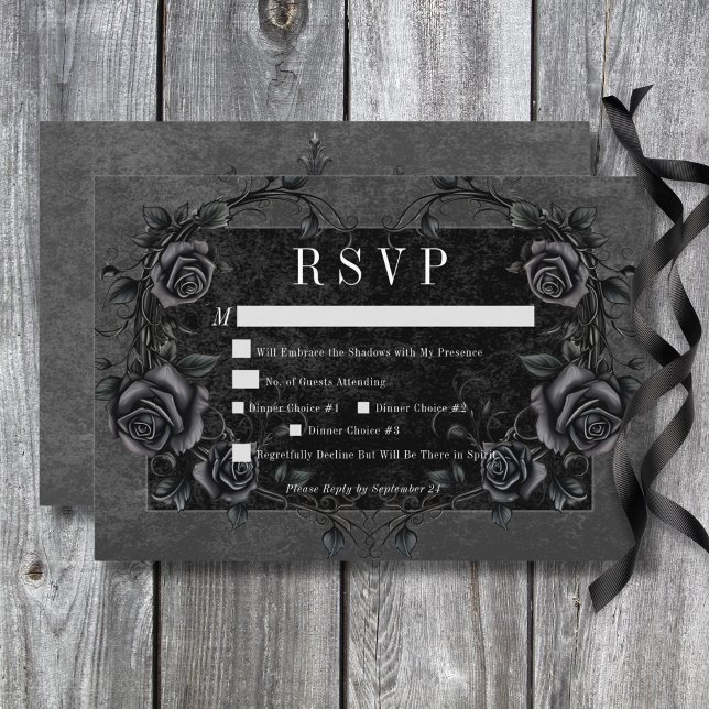 Gothic Black Raven & Black Roses Wedding Dinner RSVP Card (Gothic Black Raven & Black Roses Wedding Dinner RSVP Card)