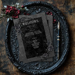 Gothic Black Raven & Black Roses Wedding Program<br><div class="desc">Transport your guests to a world of dark, enchanting elegance with our vintage gothic wedding program card. The deep, aged charcoal black background and black roses sets the stage for a striking contrast, as bold white text emerges from intricate black text boxes, which adds a touch of dramatic allure. Unleash...</div>