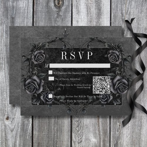 Gothic Black Raven  Black Roses Wedding QR Code RSVP Card