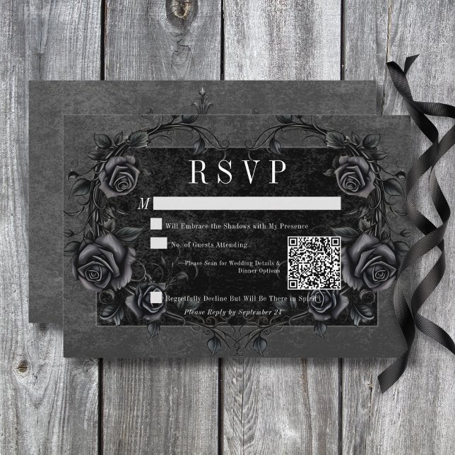 Gothic Black Raven & Black Roses Wedding QR Code RSVP Card (Gothic Black Raven & Black Roses Wedding QR Code RSVP Card)
