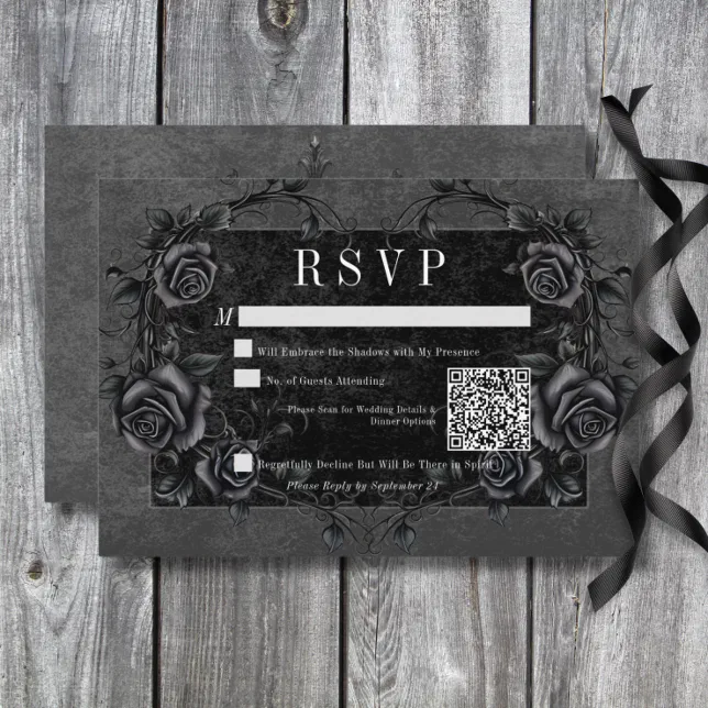 Gothic Black Raven & Black Roses Wedding QR Code RSVP Card | Zazzle