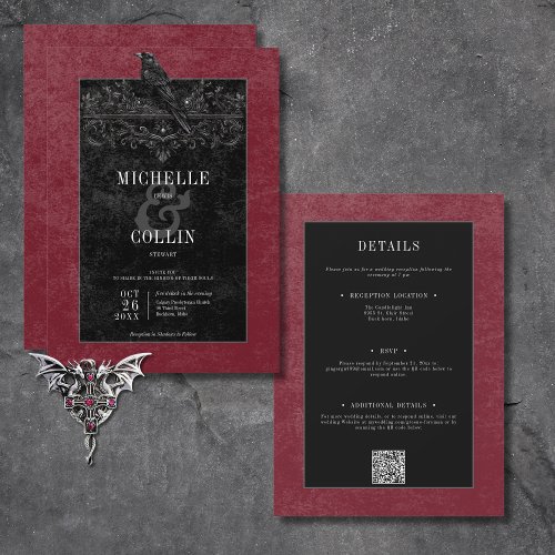 Gothic Black Raven  Black Roses Wine All In One Invitation