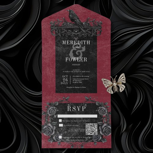 Gothic Black Raven  Black Roses Wine QR Code All In One Invitation