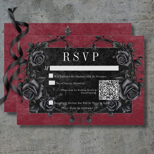 Gothic Black Raven  Black Roses Wine QR Code RSVP Card