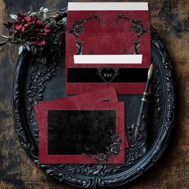 Gothic Black Raven & Black Roses Wine Wedding Envelope (Creator Uploaded)