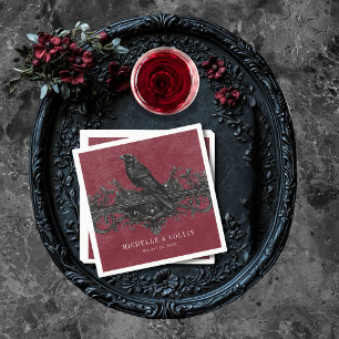 Gothic Black Raven & Black Roses Wine Wedding Napkins