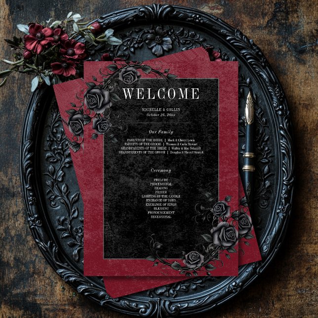 Gothic Black Raven & Black Roses Wine Wedding Program (Creator Uploaded)