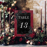 Gothic Black Raven & Black Roses Wine Wedding Table Number<br><div class="desc">Transport your guests to a world of dark, enchanting elegance with our vintage gothic wedding table number card. The deep, aged burgundy wine background sets the stage for a striking contrast, as bold white text emerges from intricate black text boxes. The back is adorned with two intertwining vines of black...</div>