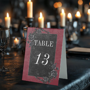 Gothic Black Raven & Black Roses Wine Wedding Table Tent