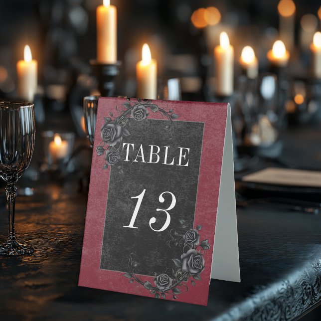 Gothic Black Raven & Black Roses Wine Wedding Table Tent (Creator Uploaded)