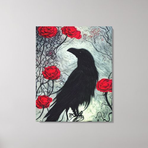 Gothic Black Raven Crow And Red Roses Painting Canvas Print