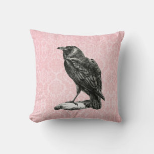 Gothic Black Raven Pink Damask Throw Pillow
