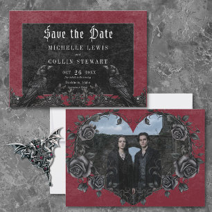 Gothic Black Raven & Roses Burgundy Photo Wedding Save The Date