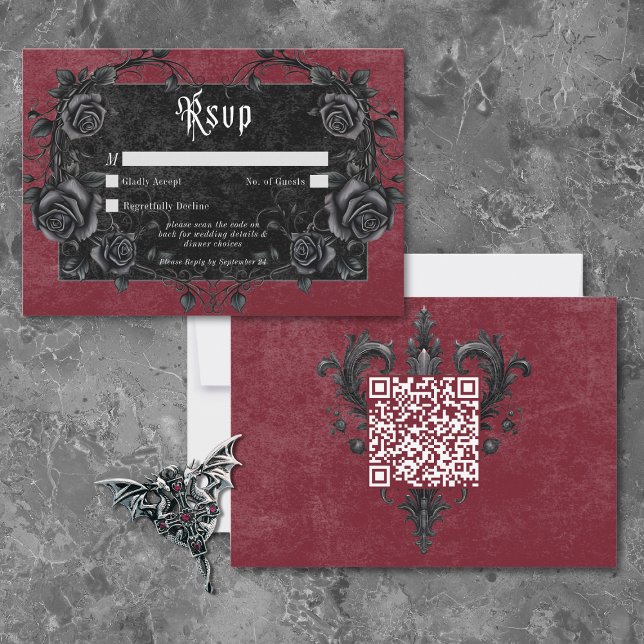 Gothic Black Raven & Roses Burgundy QR Code RSVP Card (Gothic Black Raven & Roses Burgundy QR Code RSVP Card)