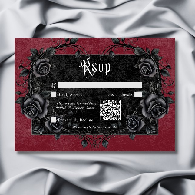 Gothic Black Raven & Roses Burgundy QR Code RSVP Card (Gothic Black Raven & Roses Burgundy QR Code RSVP Card)