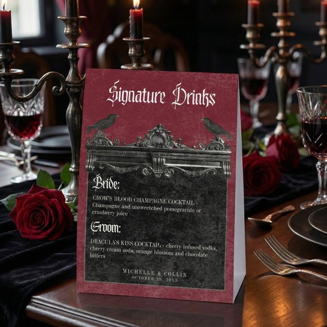 Gothic Black Raven & Roses Burgundy Wedding Drinks Paper Table Tent (Creator Uploaded)