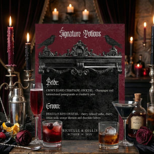 Gothic Black Raven & Roses Burgundy Wedding Drinks Pedestal Sign