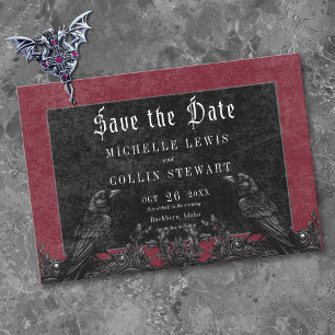 Gothic Black Raven & Roses Burgundy Wedding Save The Date