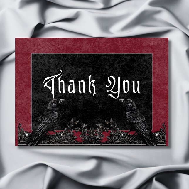 Gothic Black Raven & Roses Burgundy Wedding Thank You Card (Gothic Black Raven & Roses Burgundy Wedding Thank You Card)