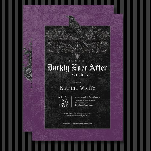 Gothic Black Raven  Roses Purple Bridal Shower Invitation