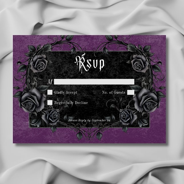 Gothic Black Raven & Roses Purple No Dinner RSVP Card (Gothic Black Raven & Roses Purple No Dinner RSVP Card)