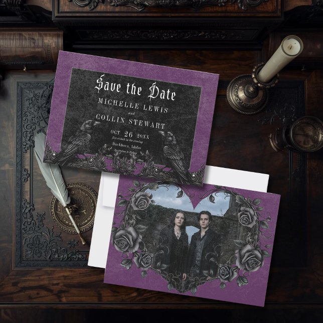 Gothic Black Raven & Roses Purple Photo Wedding Save The Date (Creator Uploaded)