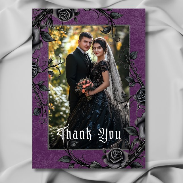 Gothic Black Raven & Roses Purple Photo Wedding Thank You Card (Gothic Black Raven & Roses Purple Wedding Photo Thank You Card)
