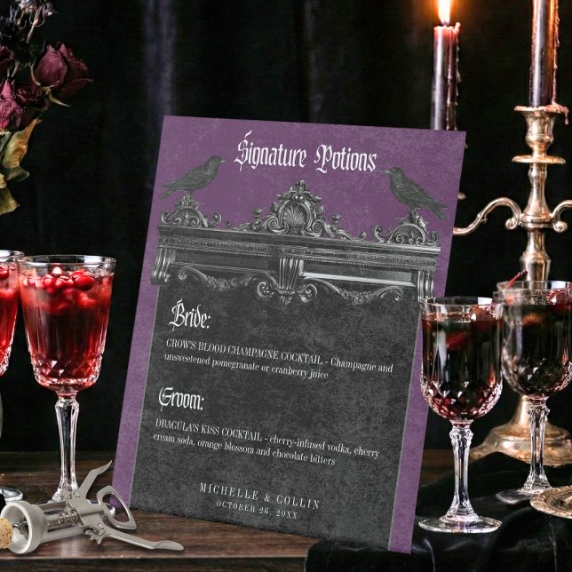 Gothic Black Raven & Roses Purple Wedding Drinks Pedestal Sign (Creator Uploaded)