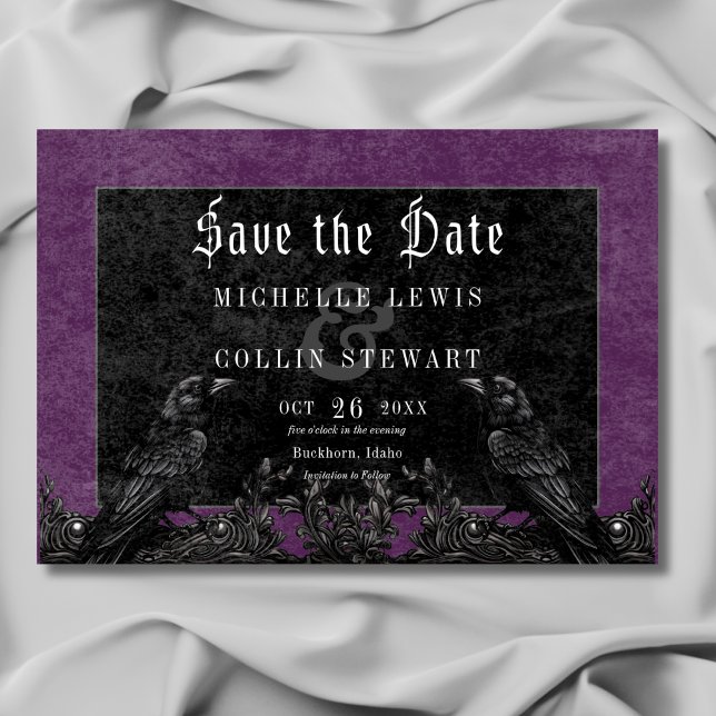 Gothic Black Raven & Roses Purple Wedding Save The Date (Gothic Black Raven & Roses Purple Wedding Save The Date)