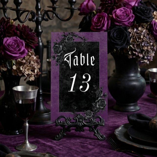 Gothic Black Raven & Roses Purple Wedding Table Number (Creator Uploaded)