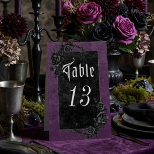 Gothic Black Raven & Roses Purple Wedding Table Tent
