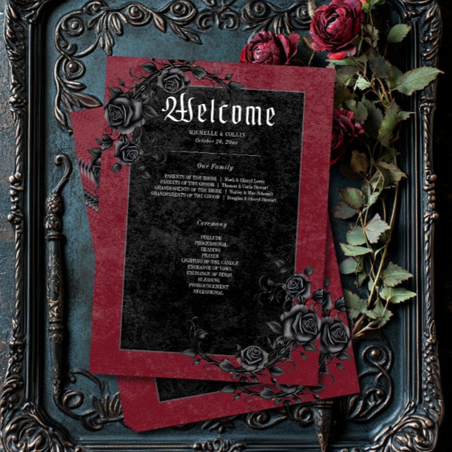 Gothic Black Raven & Roses Wine Wedding Program (Creator Uploaded)