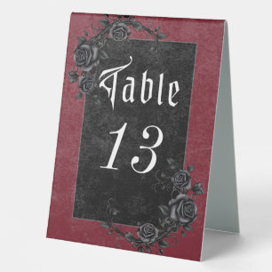 Gothic Black Raven & Roses Wine Wedding Table Tent