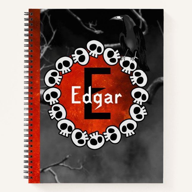 Gothic Black Raven Skulls Orange Moon Personalized Notebook (Front)