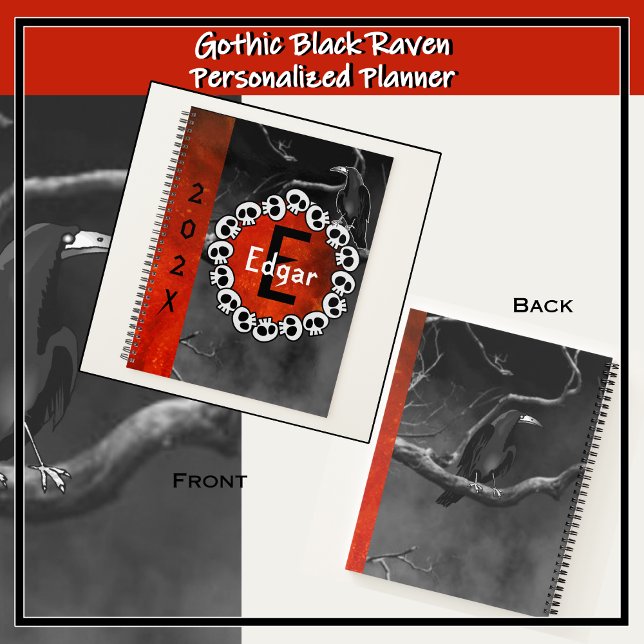 Gothic Black Raven Skulls Orange Moon Personalized Planner (For fans of the dark and dreary. Personalized, monogrammed notebook with a foggy night background.)