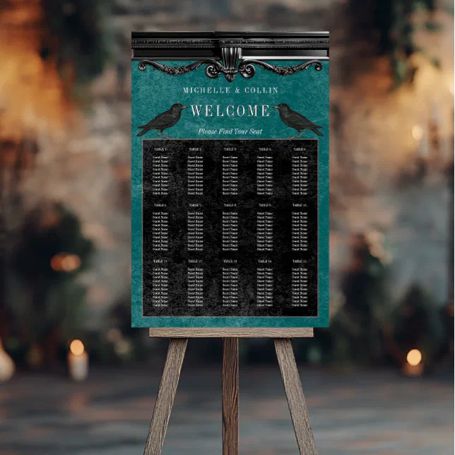 Gothic Black Raven & Teal Wedding Seating Chart Foam Board Zazzle