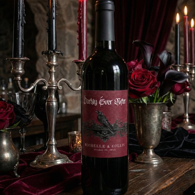 Gothic Black Raven Wine Darkly Ever After Wedding Wine Label (Creator Uploaded)