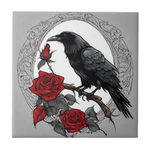 Gothic Black Raven with Red Roses  Ceramic Tile
