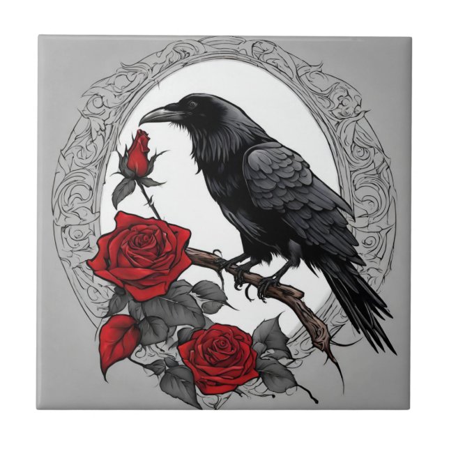 Gothic Black Raven with Red Roses  Ceramic Tile (Front)