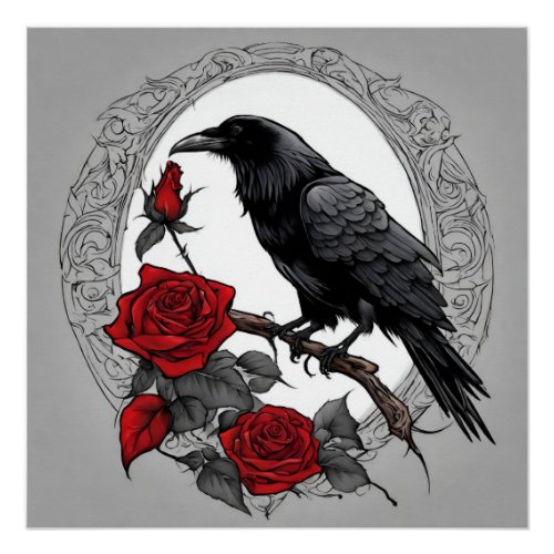 Gothic Black Raven with Red Roses  Poster