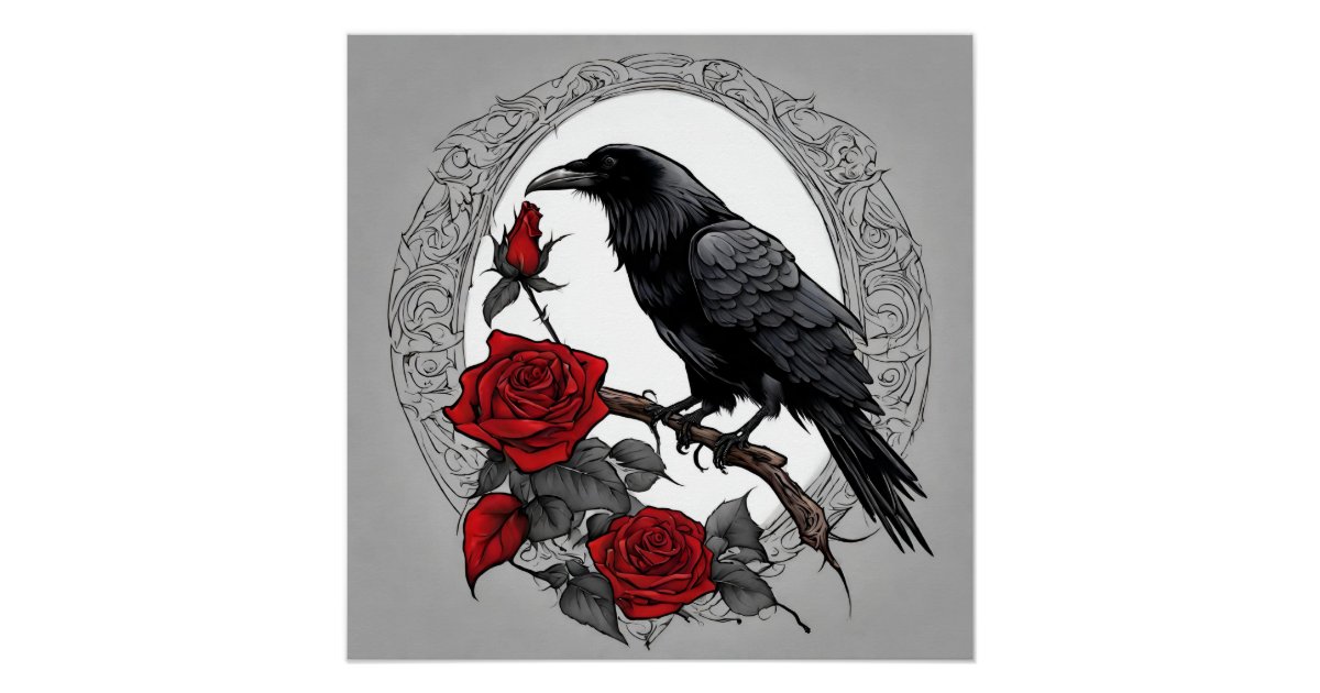 Gothic Black Raven with Red Roses Poster | Zazzle