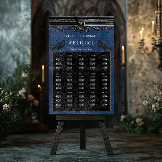 Gothic Black Ravens & Blue Wedding Seating Chart Foam Board (Gothic Black Raven & Blue Wedding Seating Chart)