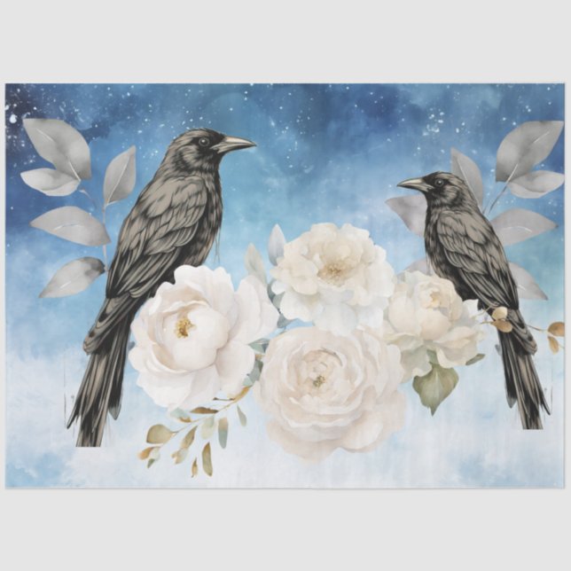 Gothic Black Ravens & White Flowers  Tissue Paper (Front)