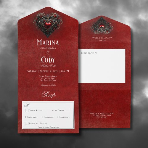 Gothic Black  Red Filigree Heart Red Dinner All In One Invitation