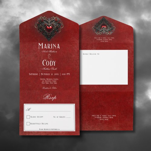 Gothic Black  Red Filigree Heart Red No Dinner All In One Invitation