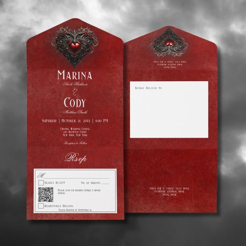 Gothic Black  Red Filigree Heart Red QR Code All In One Invitation