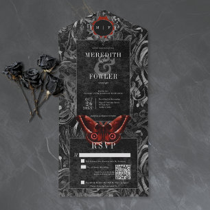 Gothic Black Red Filigree Moth QR Code Wedding All In One Invitation