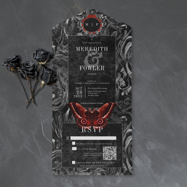 Gothic Black Red Filigree Moth QR Code Wedding All In One Invitation (Creator Uploaded)