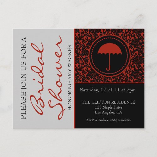 Gothic Black  Red Flourish Bridal Shower Invitation Postcard