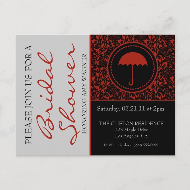 Gothic Black & Red Flourish Bridal Shower Invitation Postcard (Front)